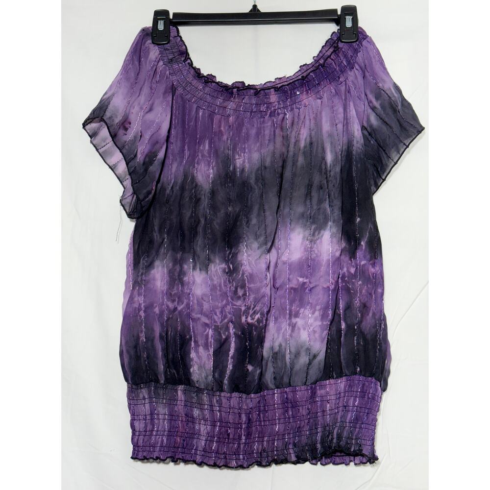 Sequin Sparkly Fall Top‎ Size PM Purple/black Sheer Elastic Glam